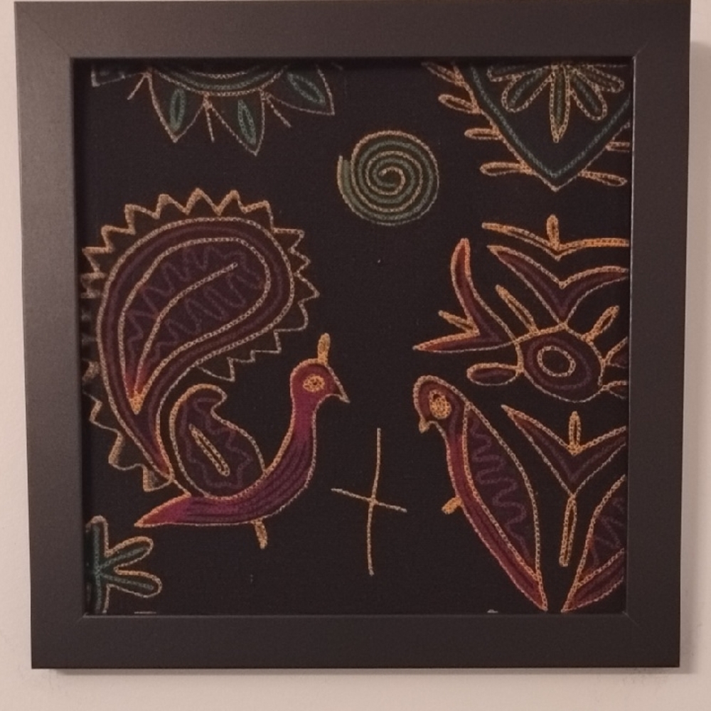 Handcrafted Fiber Art with Birds in Black Frame